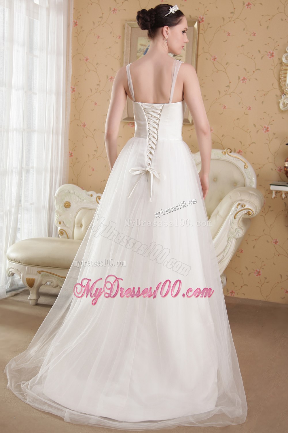 Summer White Princess V-neck Brush Train Beading Wedding Dress