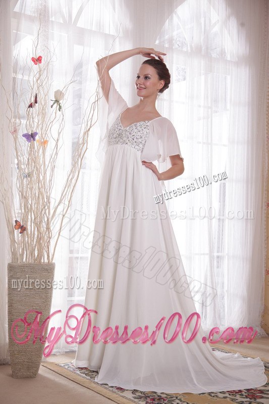 Empire V-neck Court Train Beading 2013 Summer Wedding Dresses