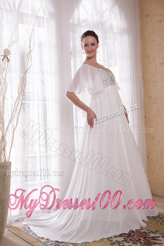 Empire V-neck Court Train Beading 2013 Summer Wedding Dresses