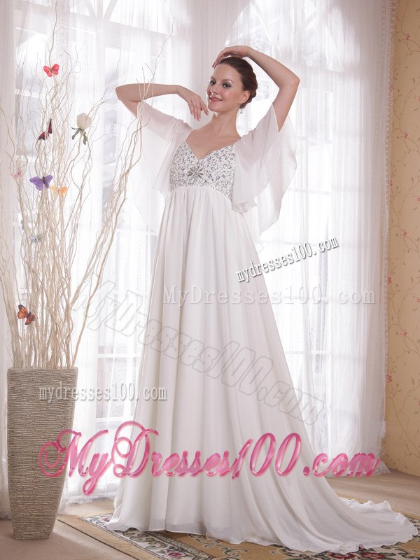 Empire V-neck Court Train Beading 2013 Summer Wedding Dresses
