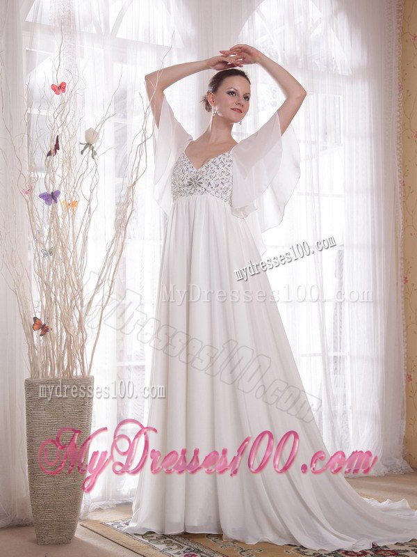 Empire V-neck Court Train Beading 2013 Summer Wedding Dresses