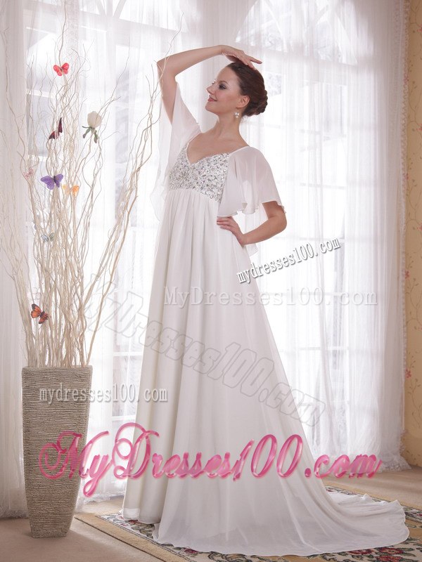 Empire V-neck Court Train Beading 2013 Summer Wedding Dresses
