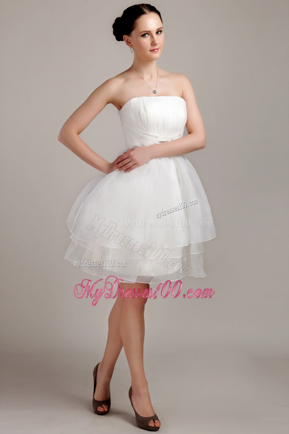 Princess Strapless Mini-length Beading Ruched Wedding Dress for Beach