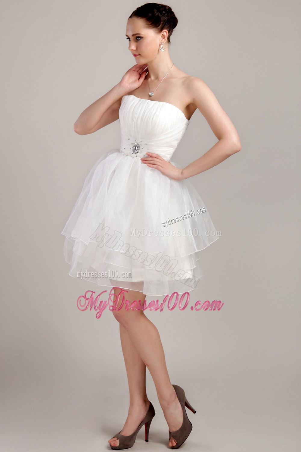Princess Strapless Mini-length Beading Ruched Wedding Dress for Beach