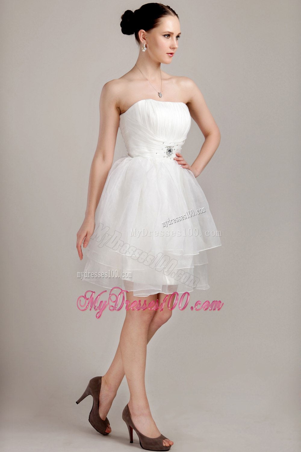 Princess Strapless Mini-length Beading Ruched Wedding Dress for Beach