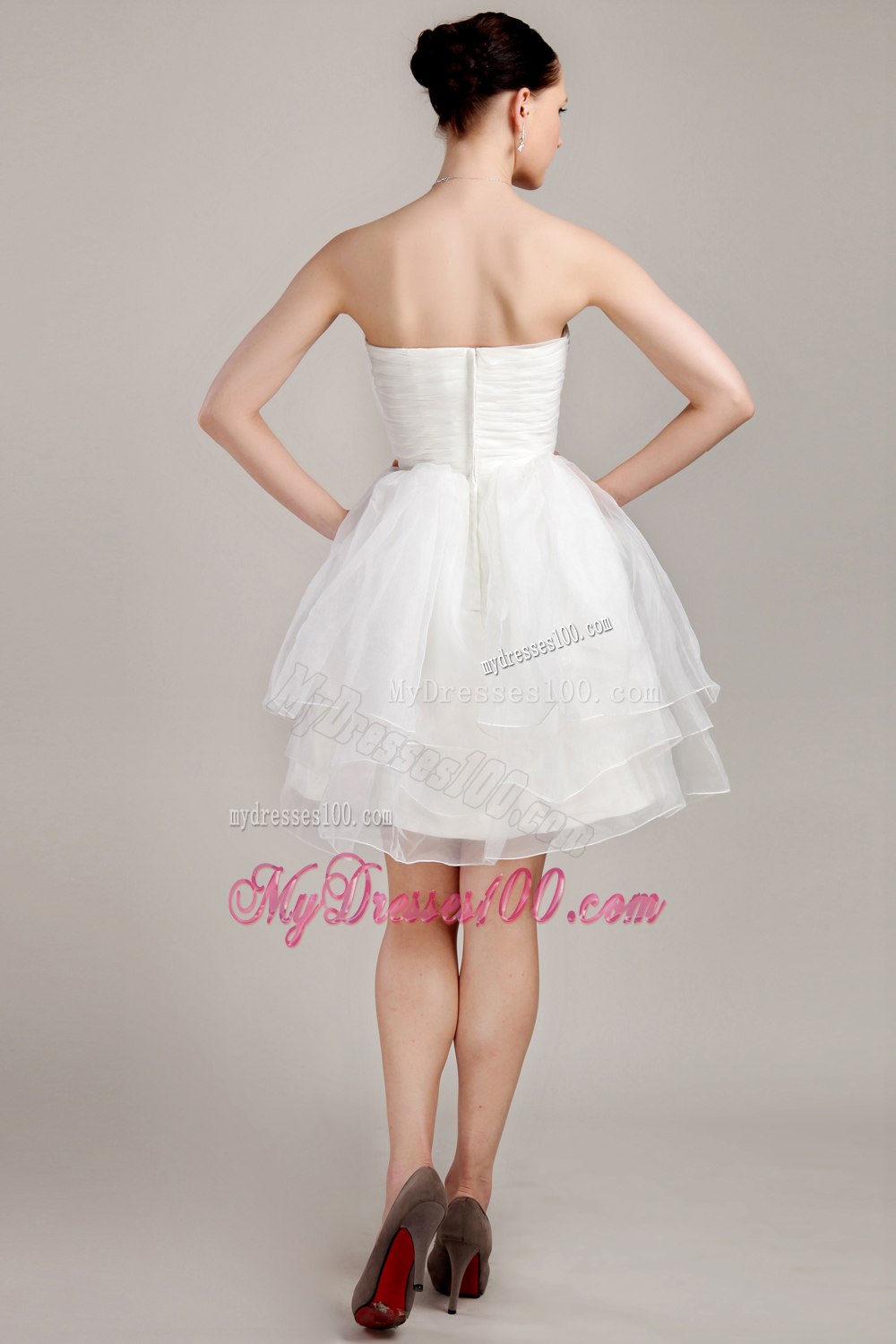 Princess Strapless Mini-length Beading Ruched Wedding Dress for Beach