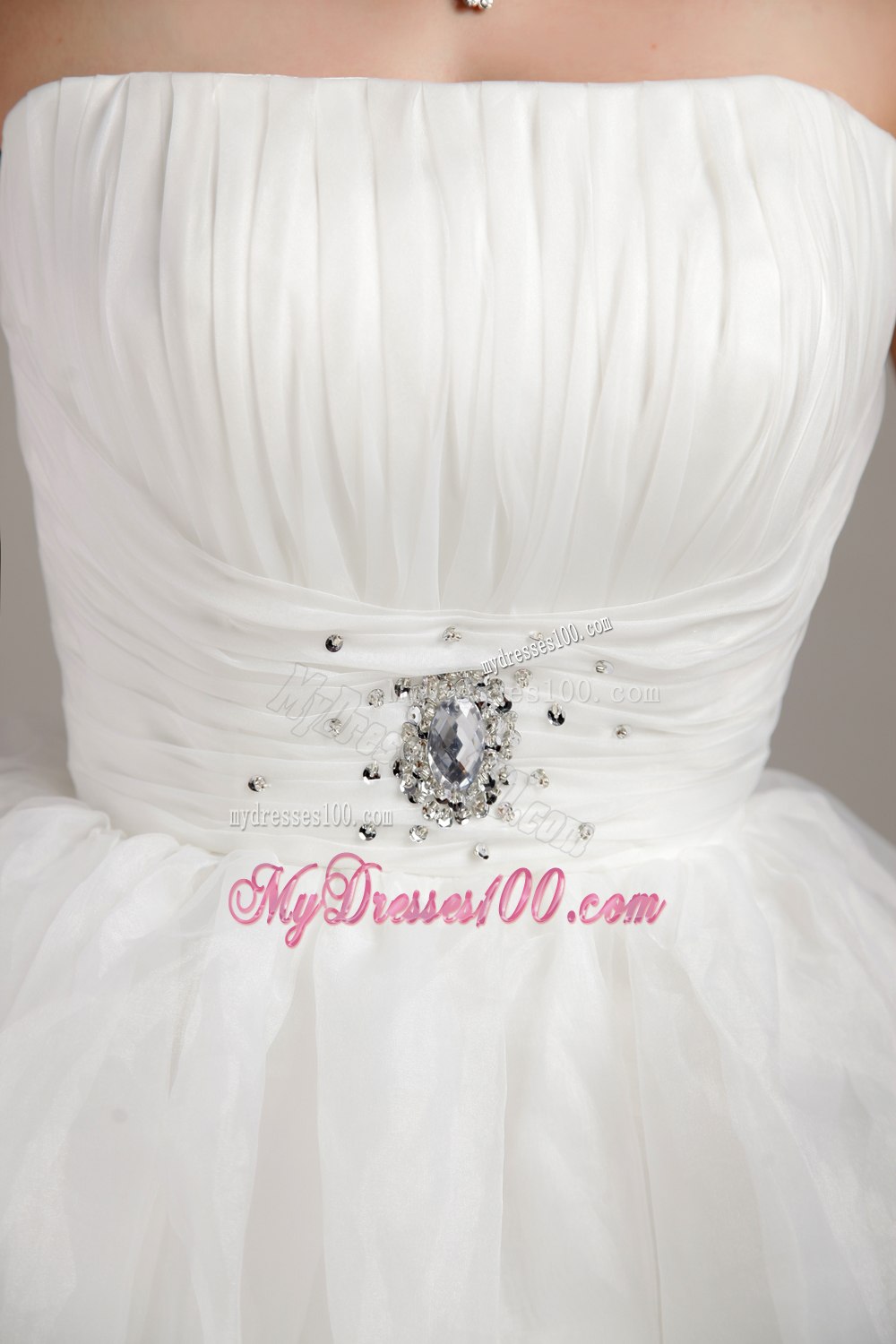 Princess Strapless Mini-length Beading Ruched Wedding Dress for Beach