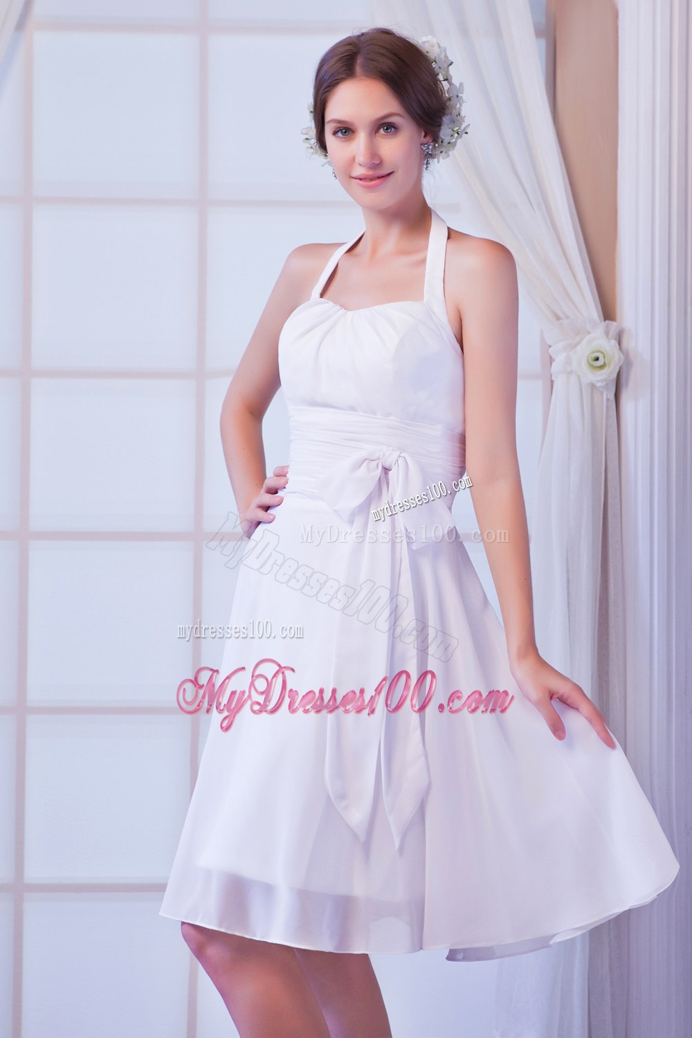 Simple Halter Knee-length Ruched Zipper Back Wedding Dresses