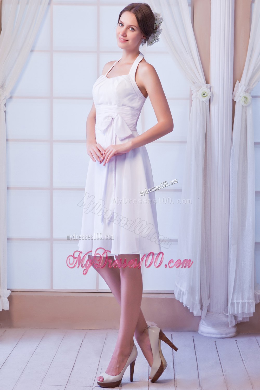 Simple Halter Knee-length Ruched Zipper Back Wedding Dresses