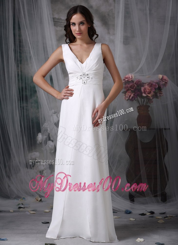 Column Sheath V-neck Floor-length Beading Beach Wedding Dress