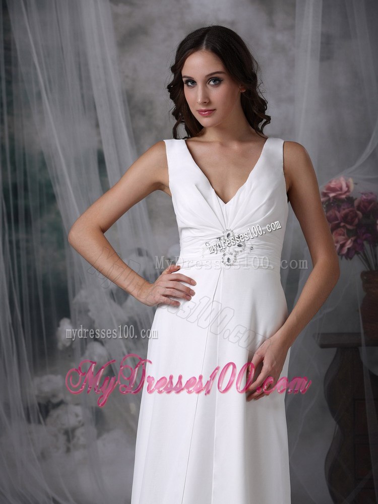 Column Sheath V-neck Floor-length Beading Beach Wedding Dress