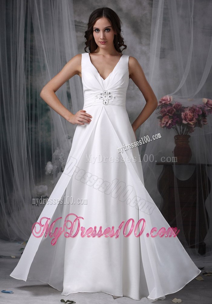 Column Sheath V-neck Floor-length Beading Beach Wedding Dress