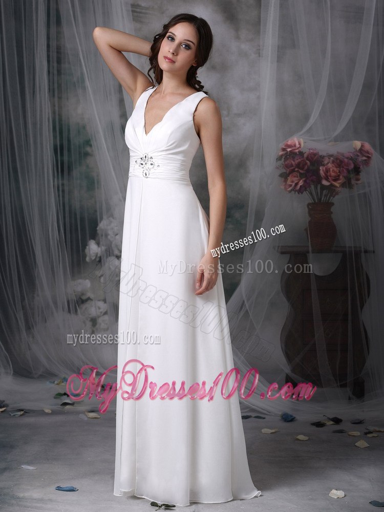 Column Sheath V-neck Floor-length Beading Beach Wedding Dress
