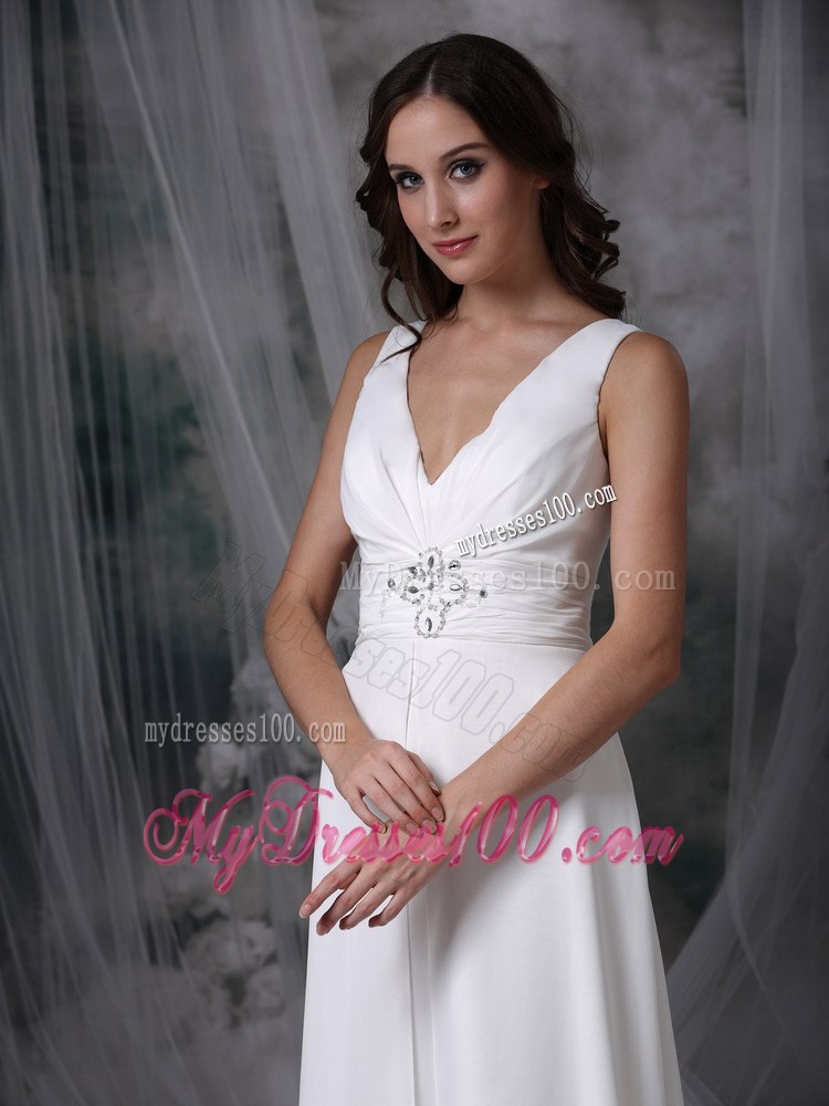 Column Sheath V-neck Floor-length Beading Beach Wedding Dress