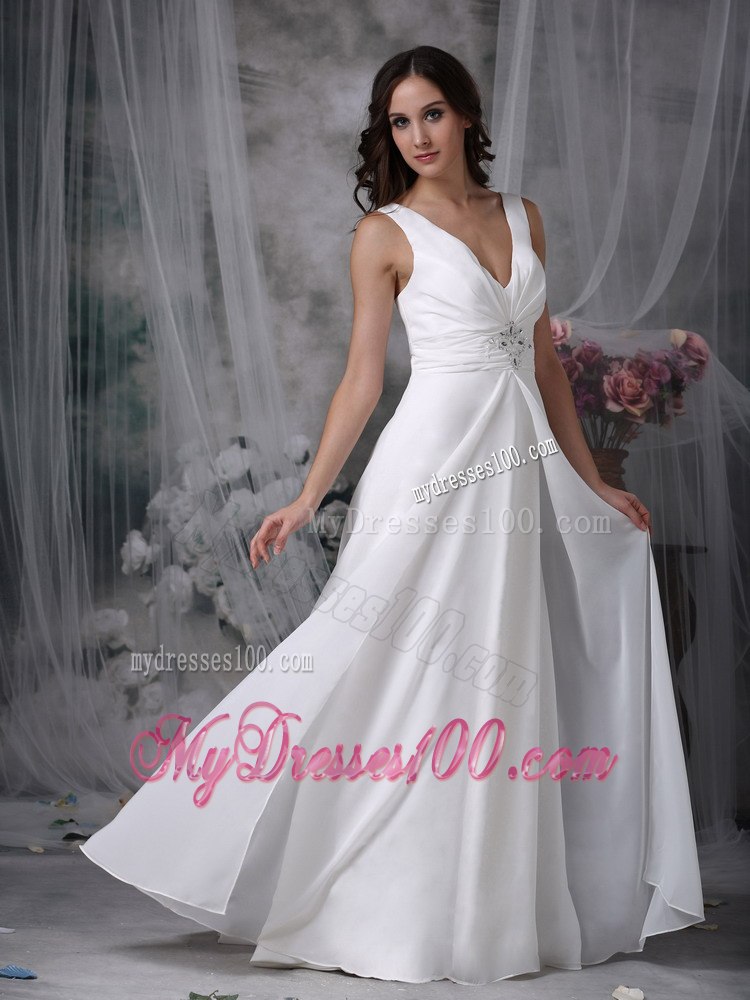 Column Sheath V-neck Floor-length Beading Beach Wedding Dress