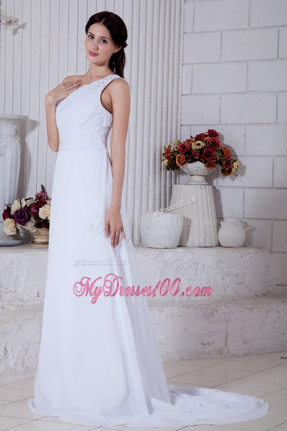 Summer Column One Shoulder Brush Train Wedding Dress with Appliques
