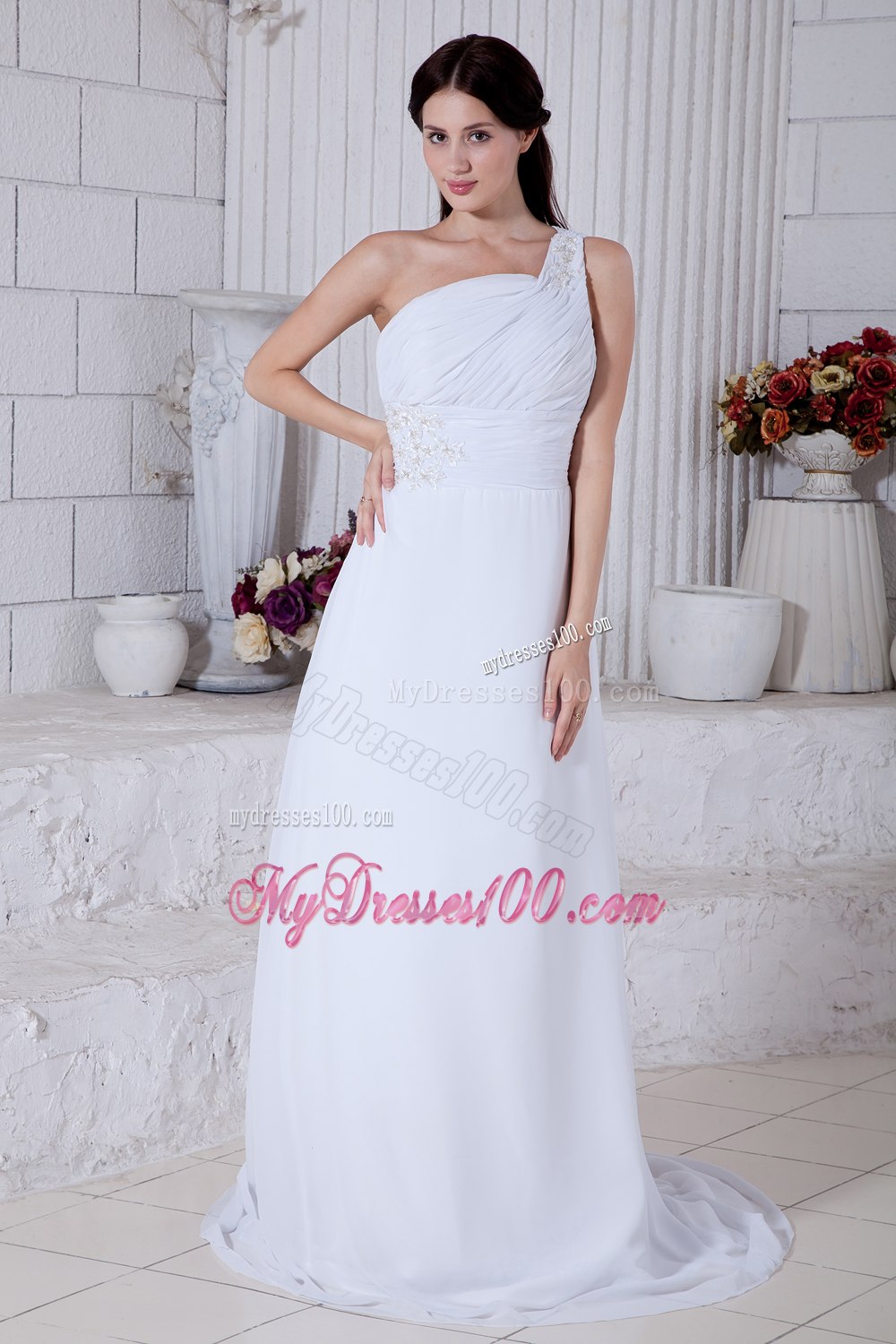 Summer Column One Shoulder Brush Train Wedding Dress with Appliques
