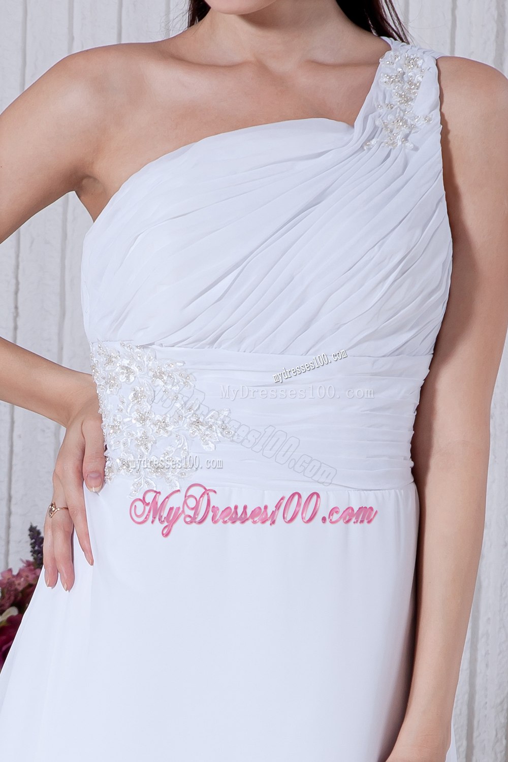 Summer Column One Shoulder Brush Train Wedding Dress with Appliques