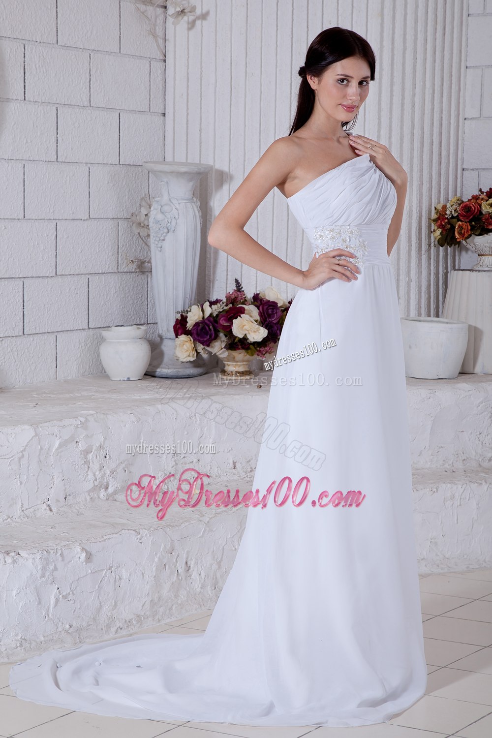 Summer Column One Shoulder Brush Train Wedding Dress with Appliques