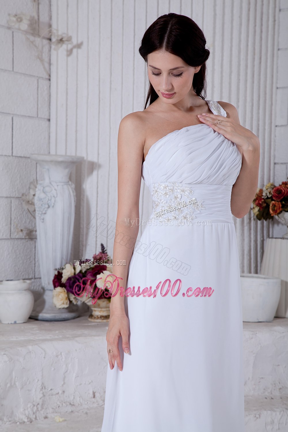 Summer Column One Shoulder Brush Train Wedding Dress with Appliques