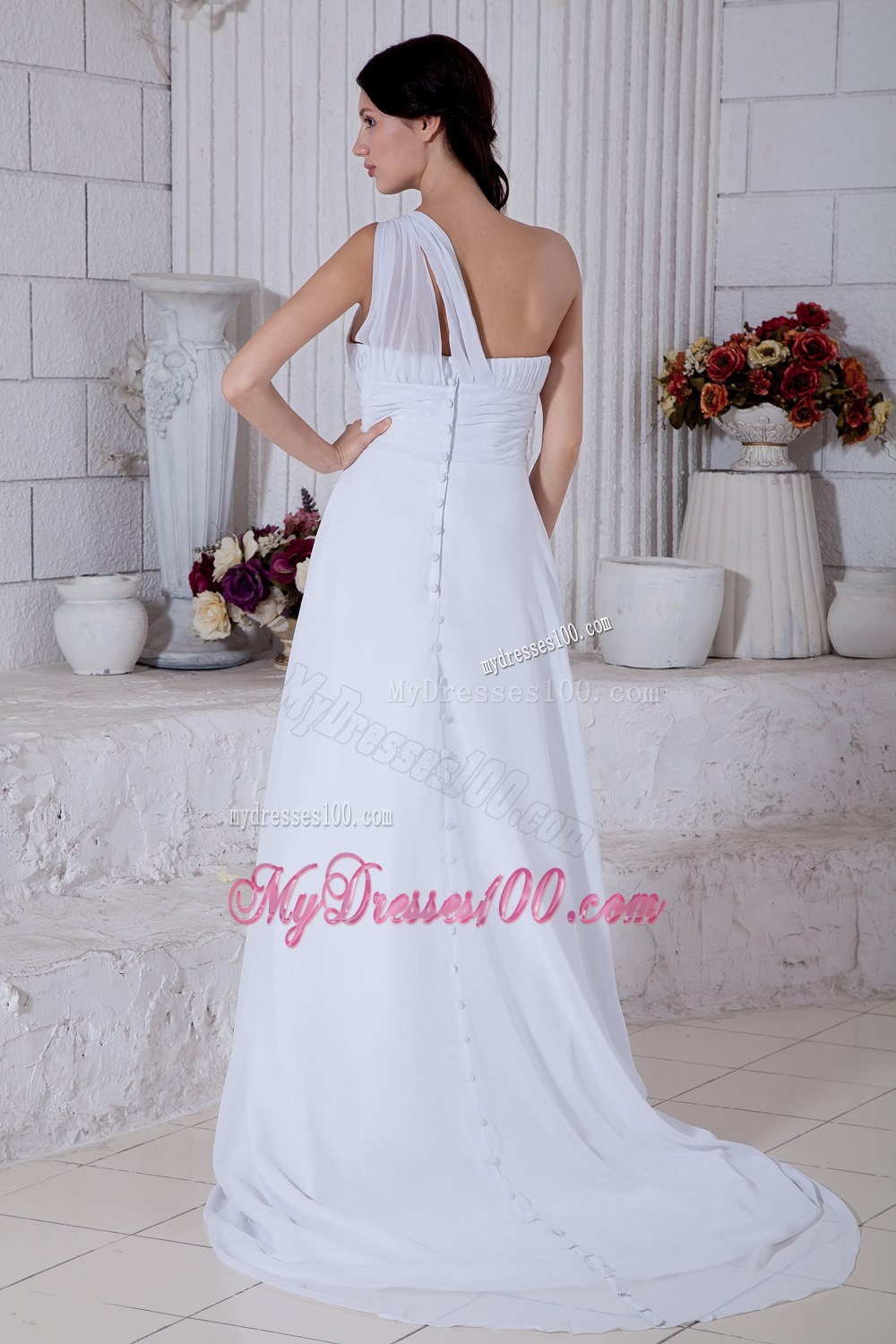 Summer Column One Shoulder Brush Train Wedding Dress with Appliques
