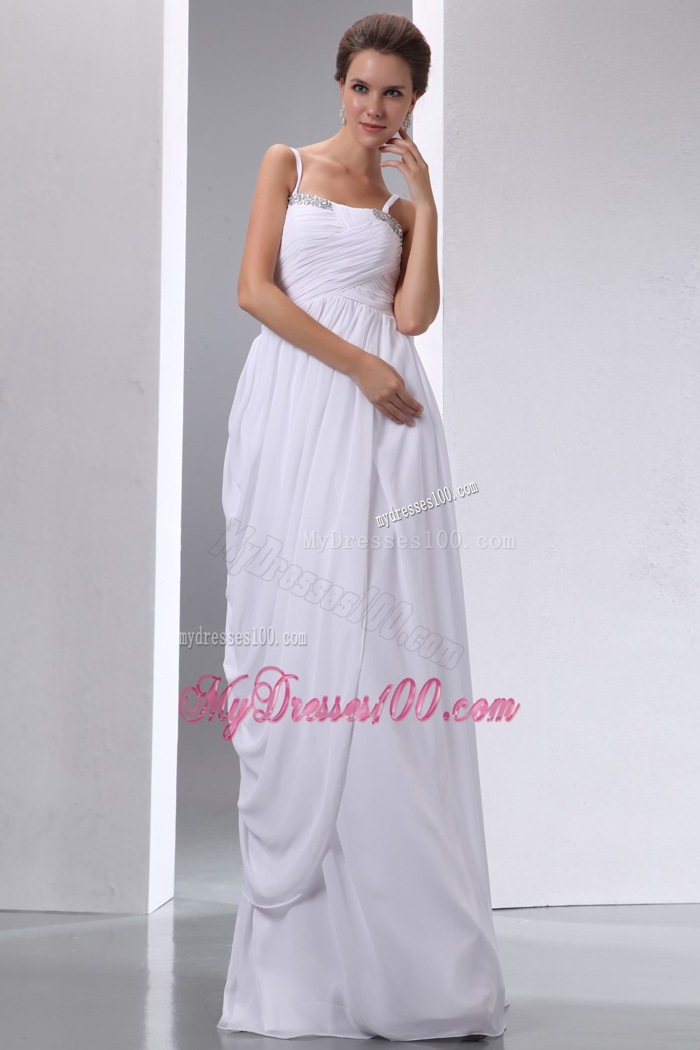 Column Spaghetti Straps Long Beading and Ruched Wedding Dresses