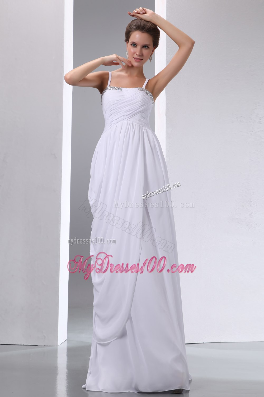 Column Spaghetti Straps Long Beading and Ruched Wedding Dresses