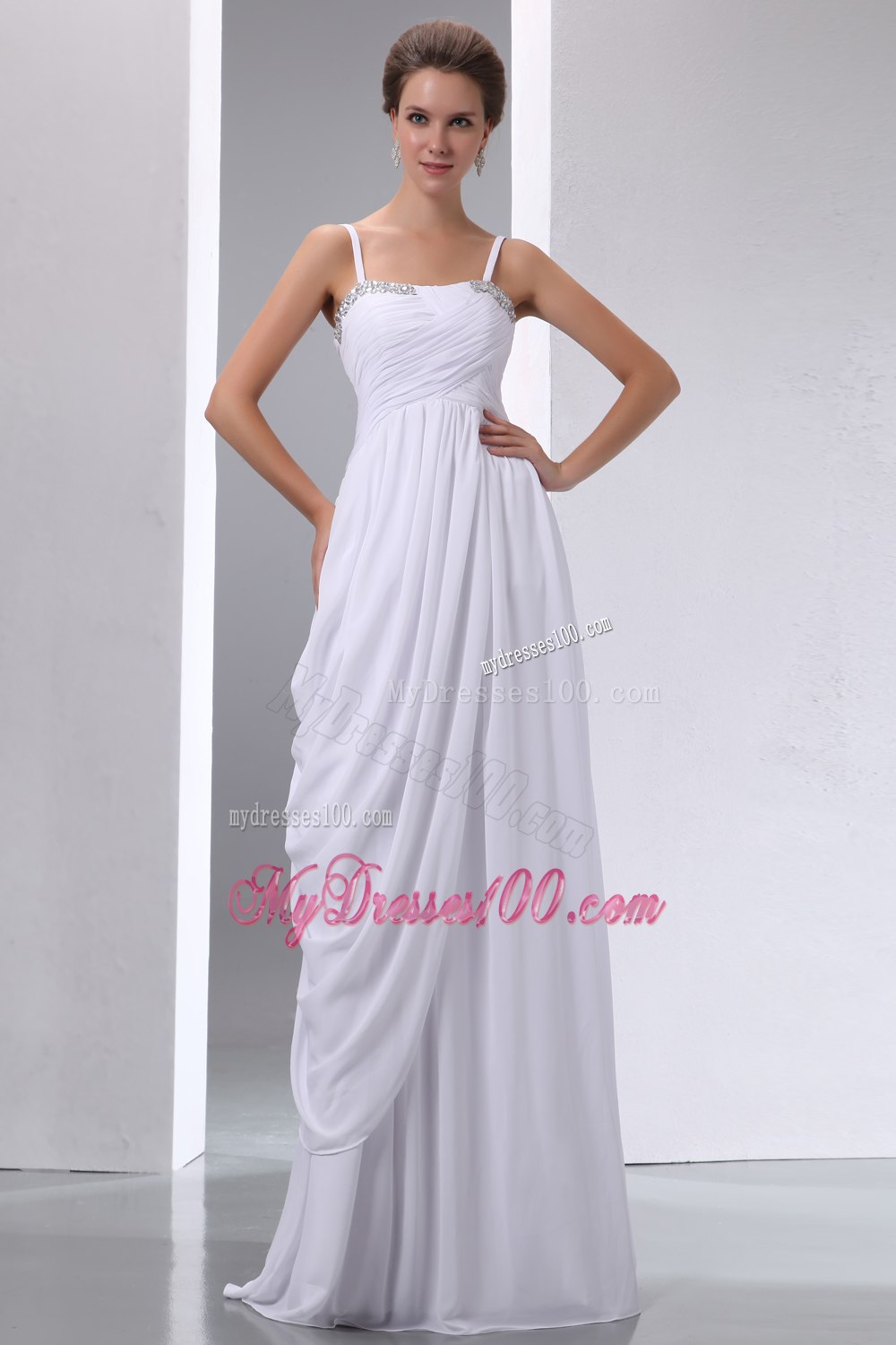 Column Spaghetti Straps Long Beading and Ruched Wedding Dresses