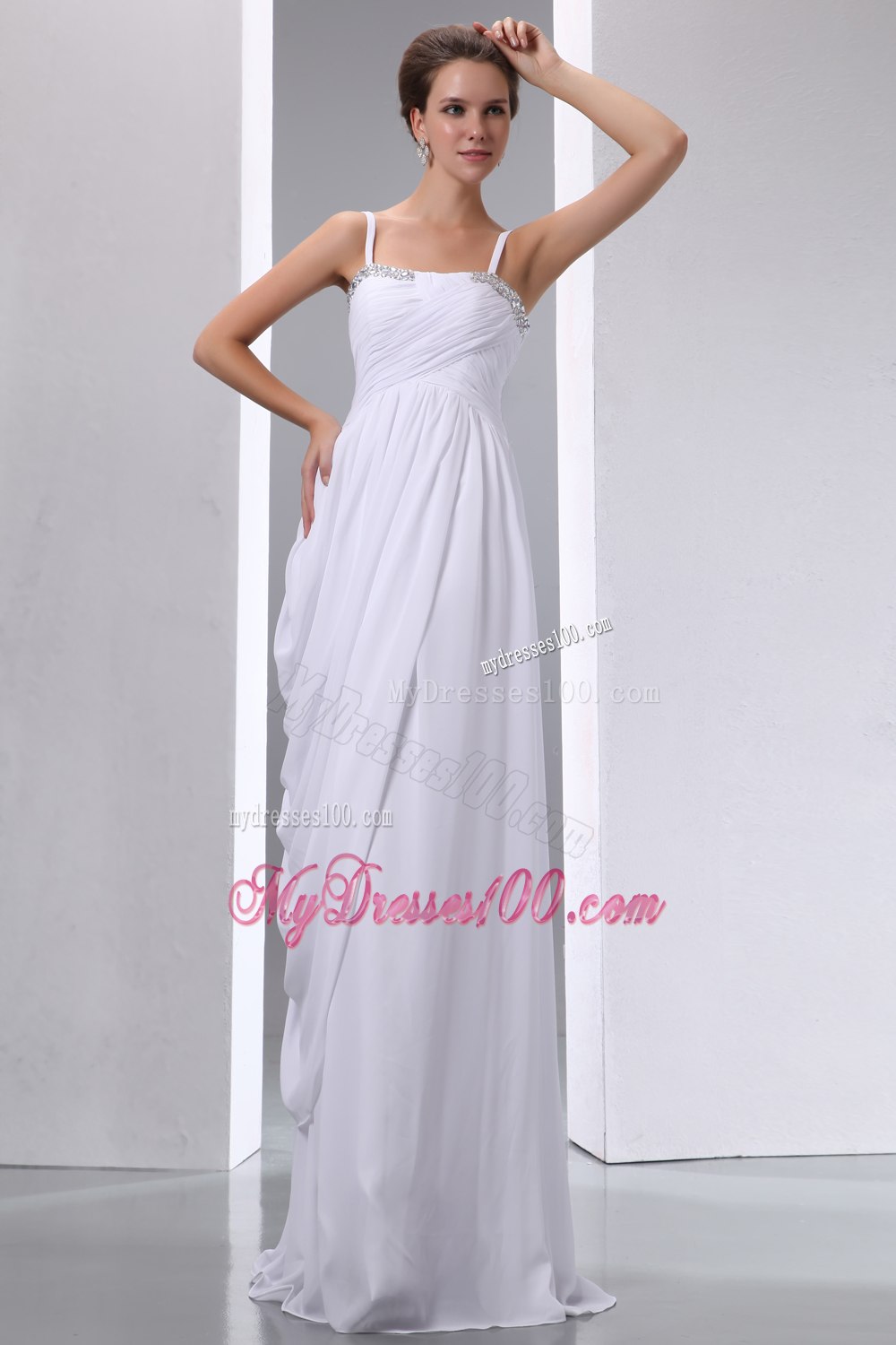 Column Spaghetti Straps Long Beading and Ruched Wedding Dresses