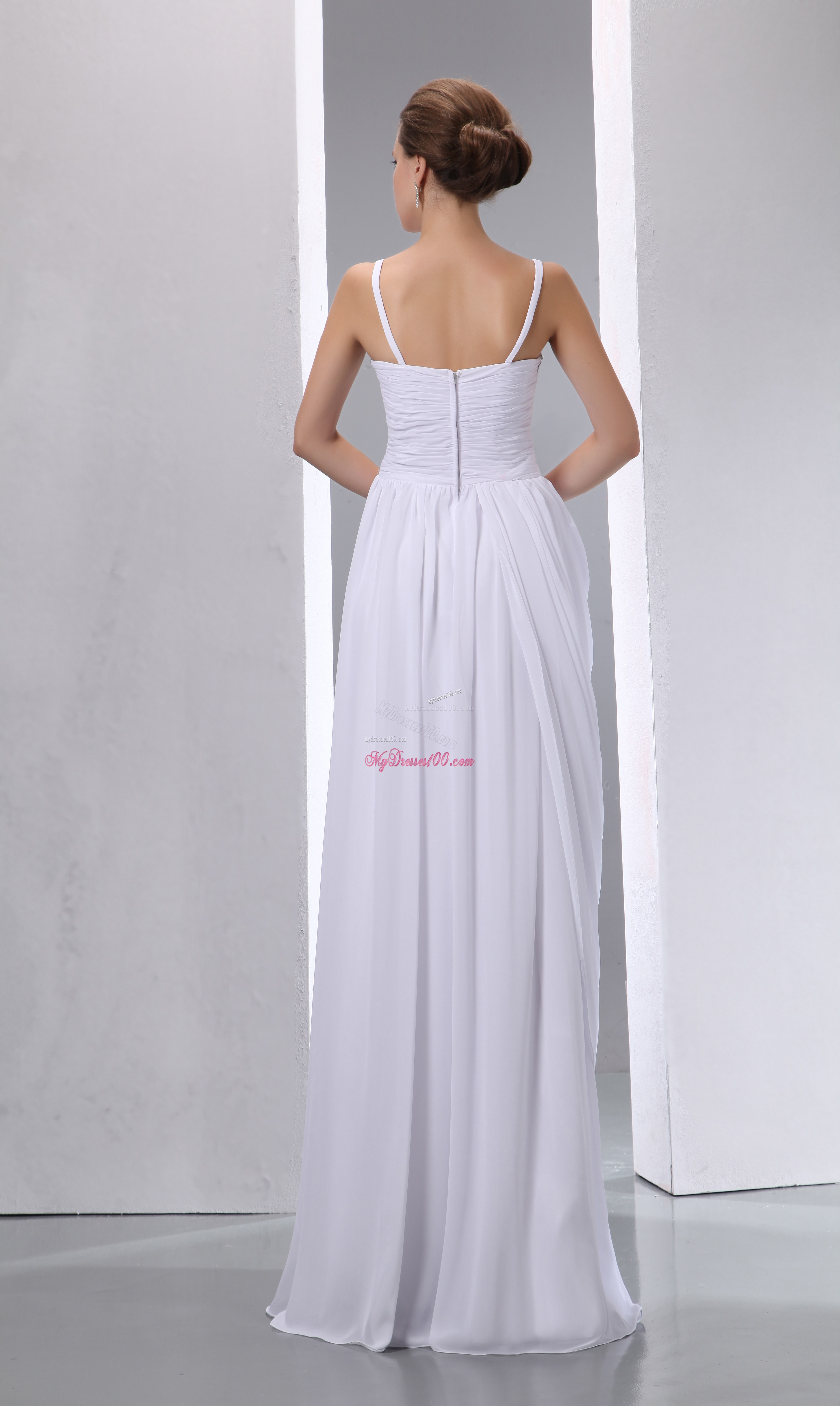 Column Spaghetti Straps Long Beading and Ruched Wedding Dresses