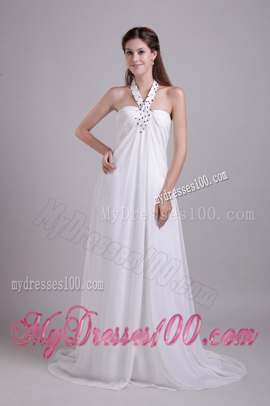 Elegant White Empire Halter Brush Train Beading Garden Wedding Dress