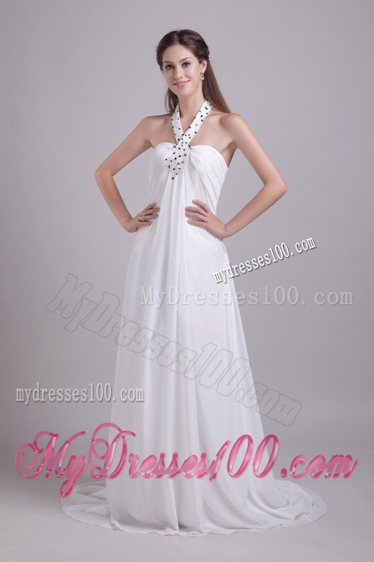 Elegant White Empire Halter Brush Train Beading Garden Wedding Dress