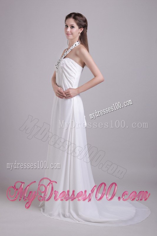 Elegant White Empire Halter Brush Train Beading Garden Wedding Dress