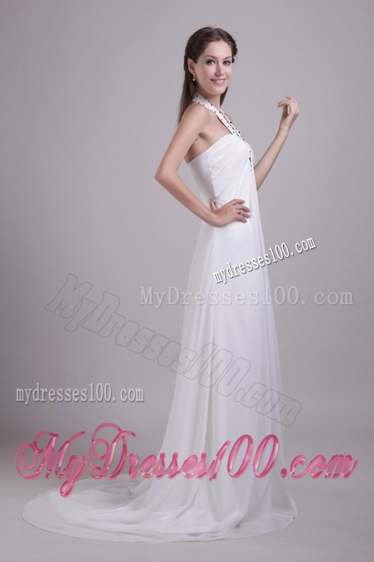 Elegant White Empire Halter Brush Train Beading Garden Wedding Dress