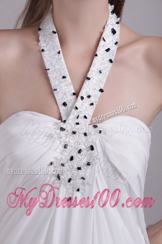 Elegant White Empire Halter Brush Train Beading Garden Wedding Dress