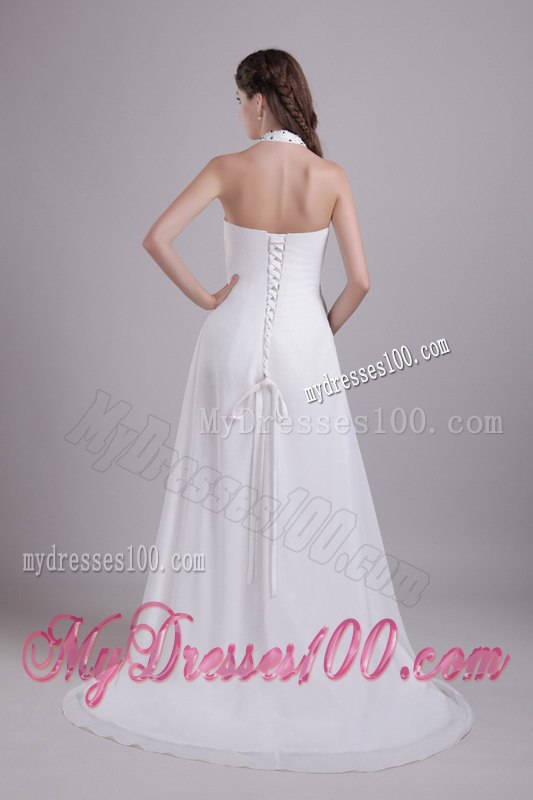 Elegant White Empire Halter Brush Train Beading Garden Wedding Dress