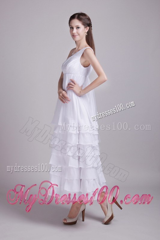 White Empire One Shoulder Ankle-length Ruffles Layers Wedding Dress