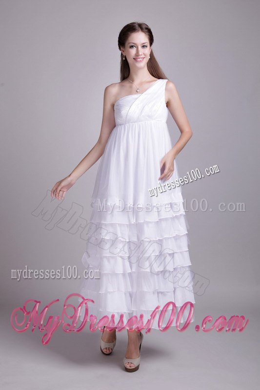 White Empire One Shoulder Ankle-length Ruffles Layers Wedding Dress