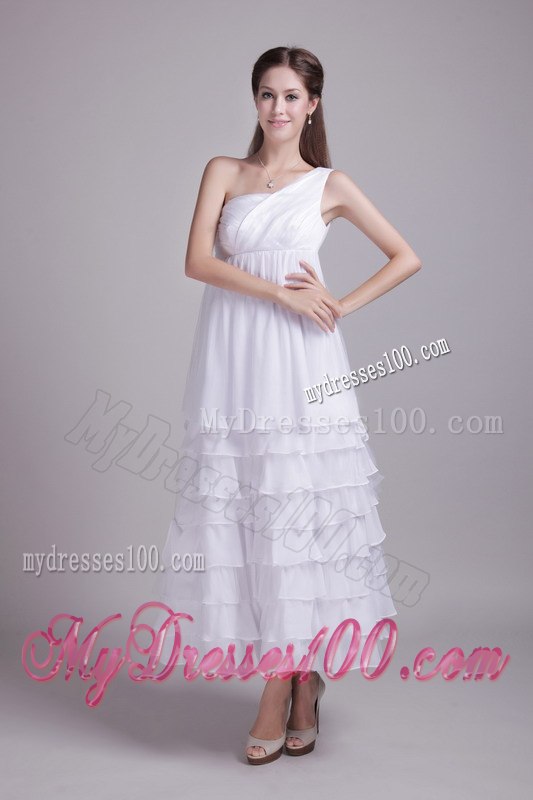 White Empire One Shoulder Ankle-length Ruffles Layers Wedding Dress