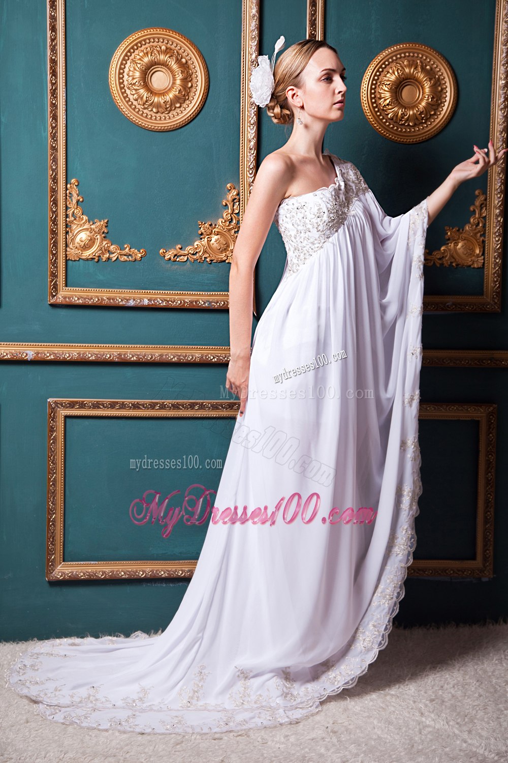 Long Sleeves Empire One Shoulder Brush Train Appliques Wedding Dress