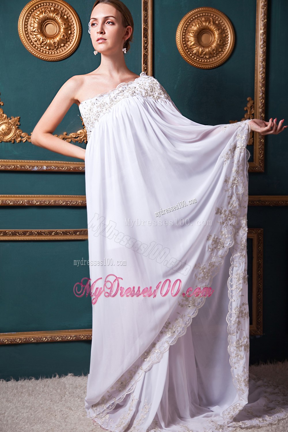 Long Sleeves Empire One Shoulder Brush Train Appliques Wedding Dress