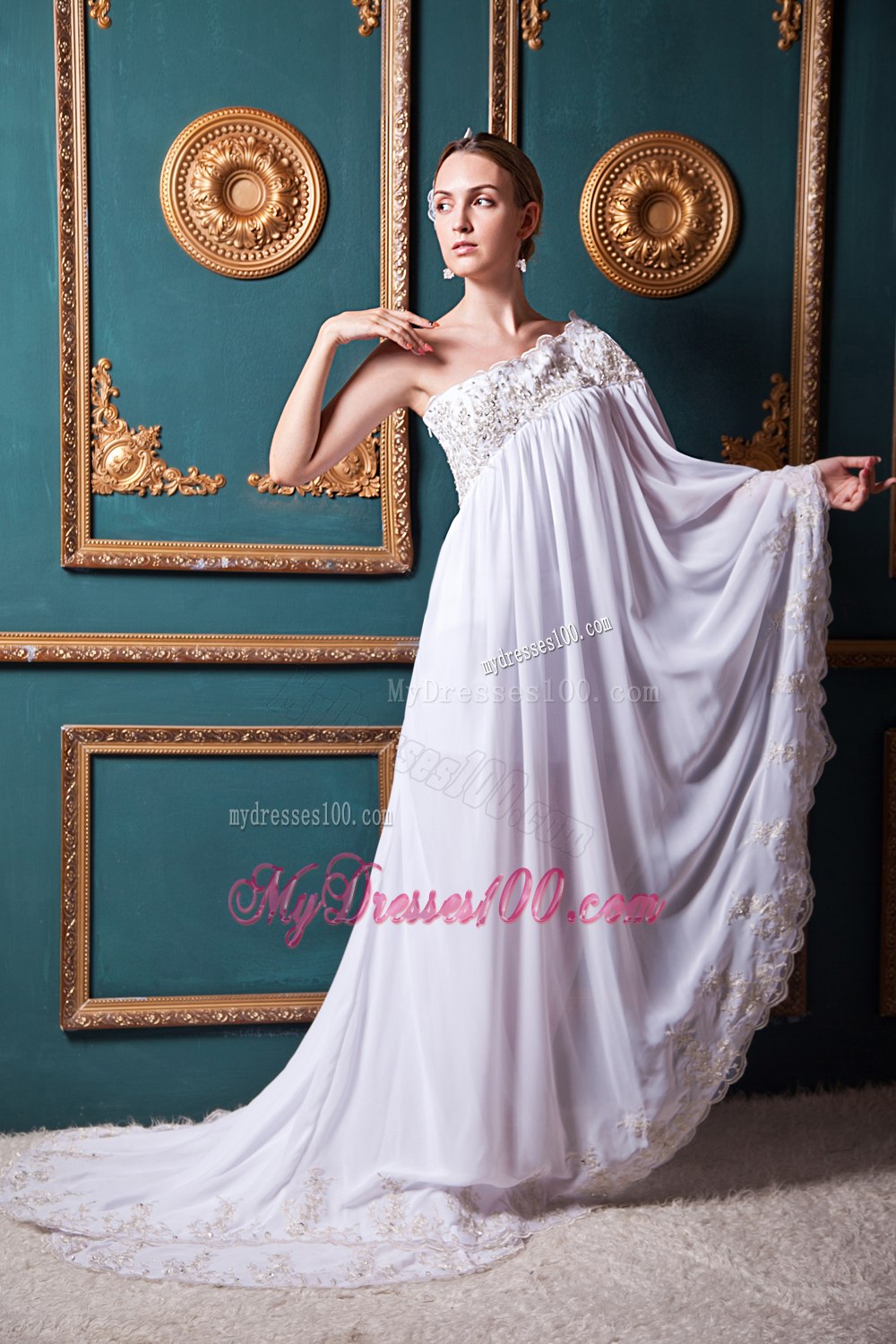 Long Sleeves Empire One Shoulder Brush Train Appliques Wedding Dress