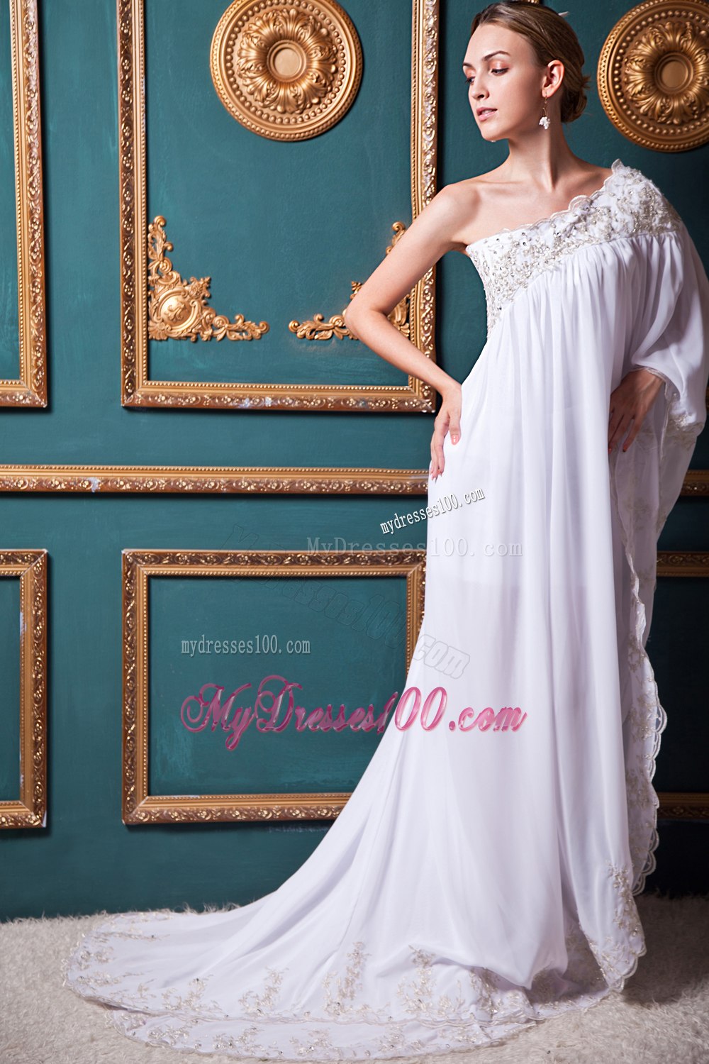 Long Sleeves Empire One Shoulder Brush Train Appliques Wedding Dress