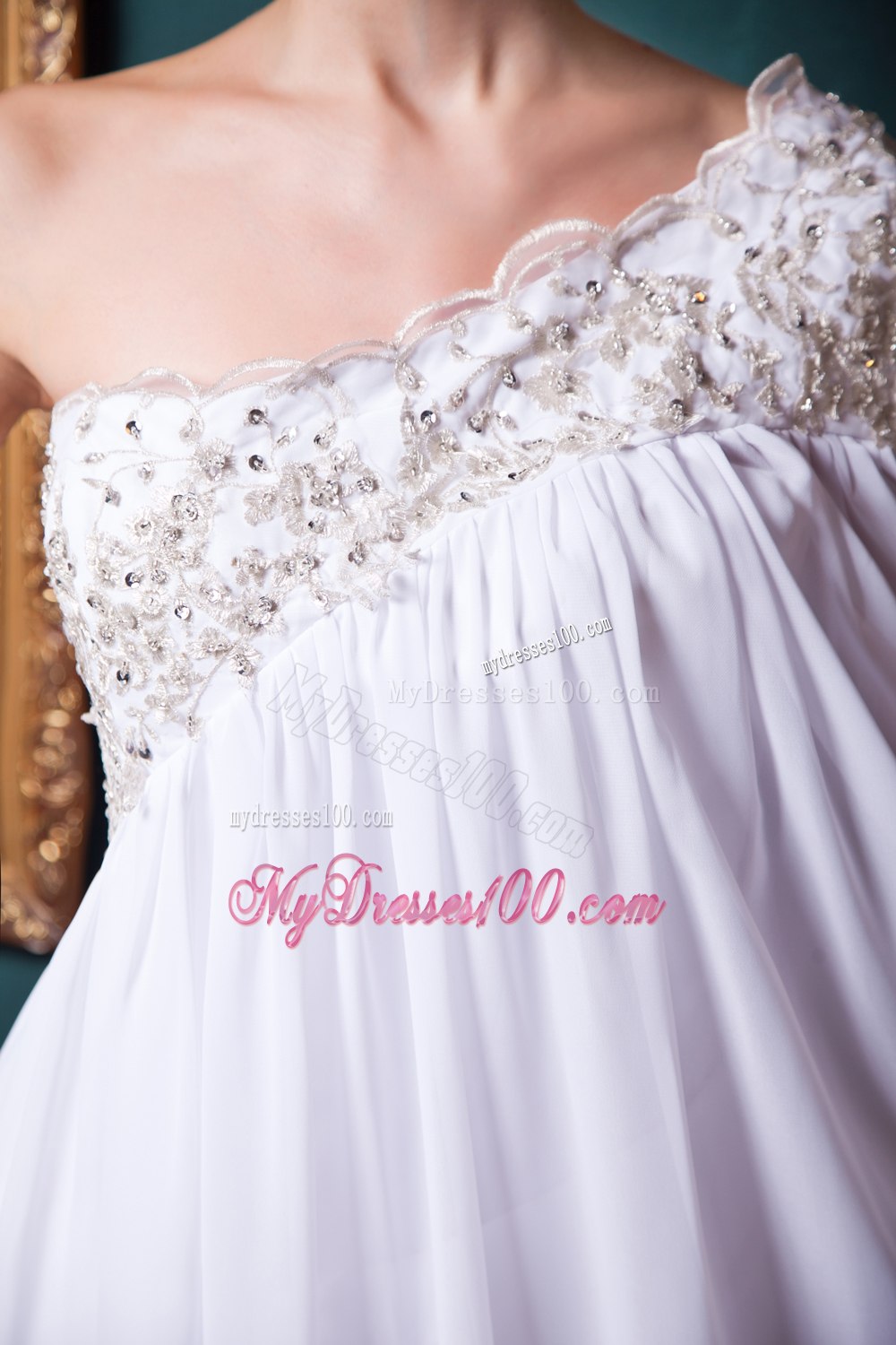 Long Sleeves Empire One Shoulder Brush Train Appliques Wedding Dress