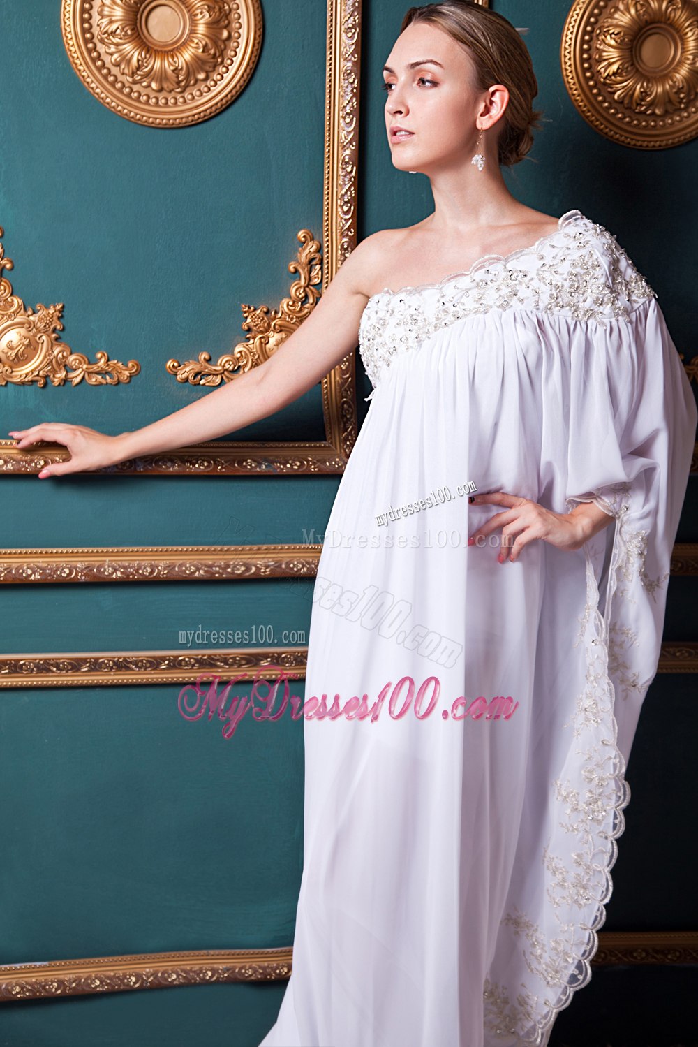 Long Sleeves Empire One Shoulder Brush Train Appliques Wedding Dress
