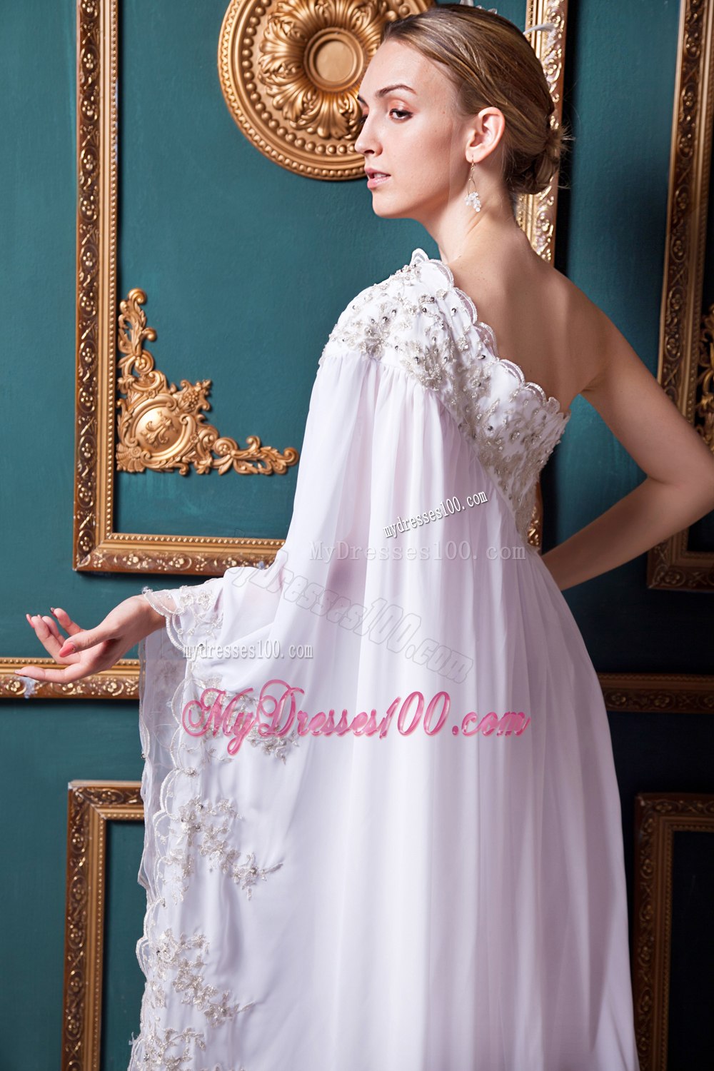 Long Sleeves Empire One Shoulder Brush Train Appliques Wedding Dress