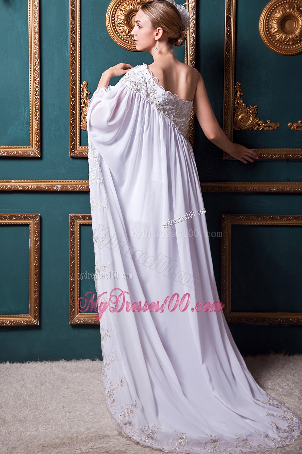 Long Sleeves Empire One Shoulder Brush Train Appliques Wedding Dress