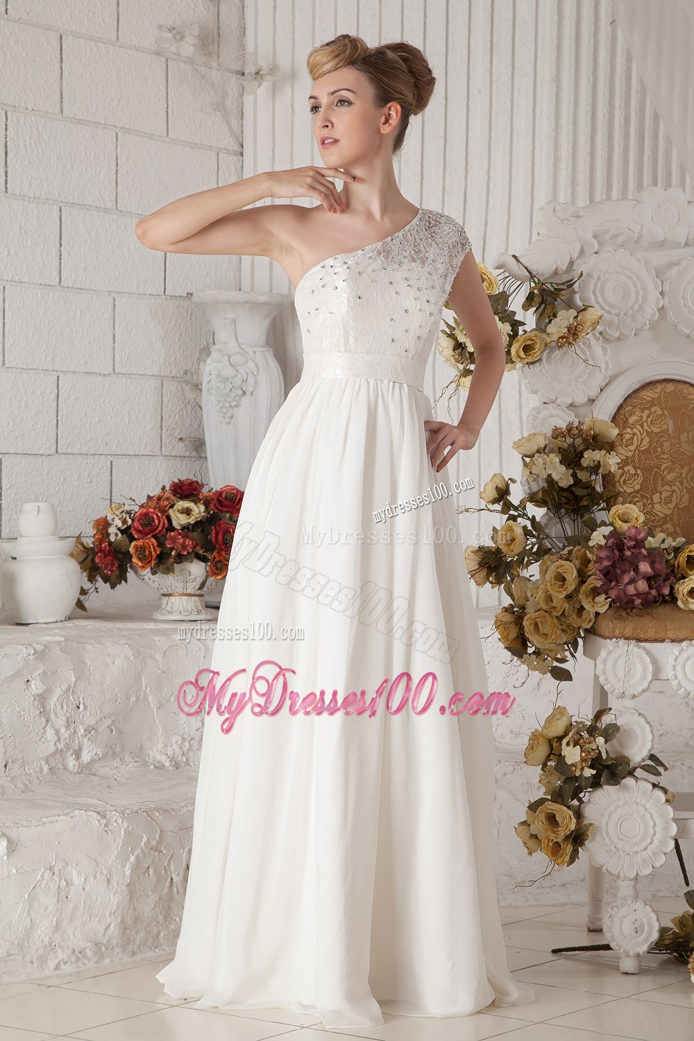 Affordable Empire One Shoulder Floor-length Beading Wedding Dress