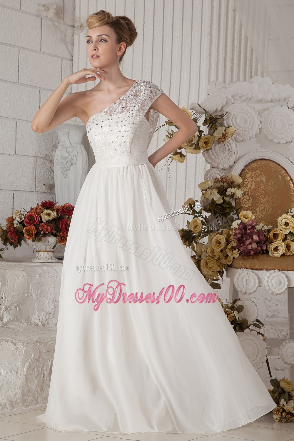 Affordable Empire One Shoulder Floor-length Beading Wedding Dress