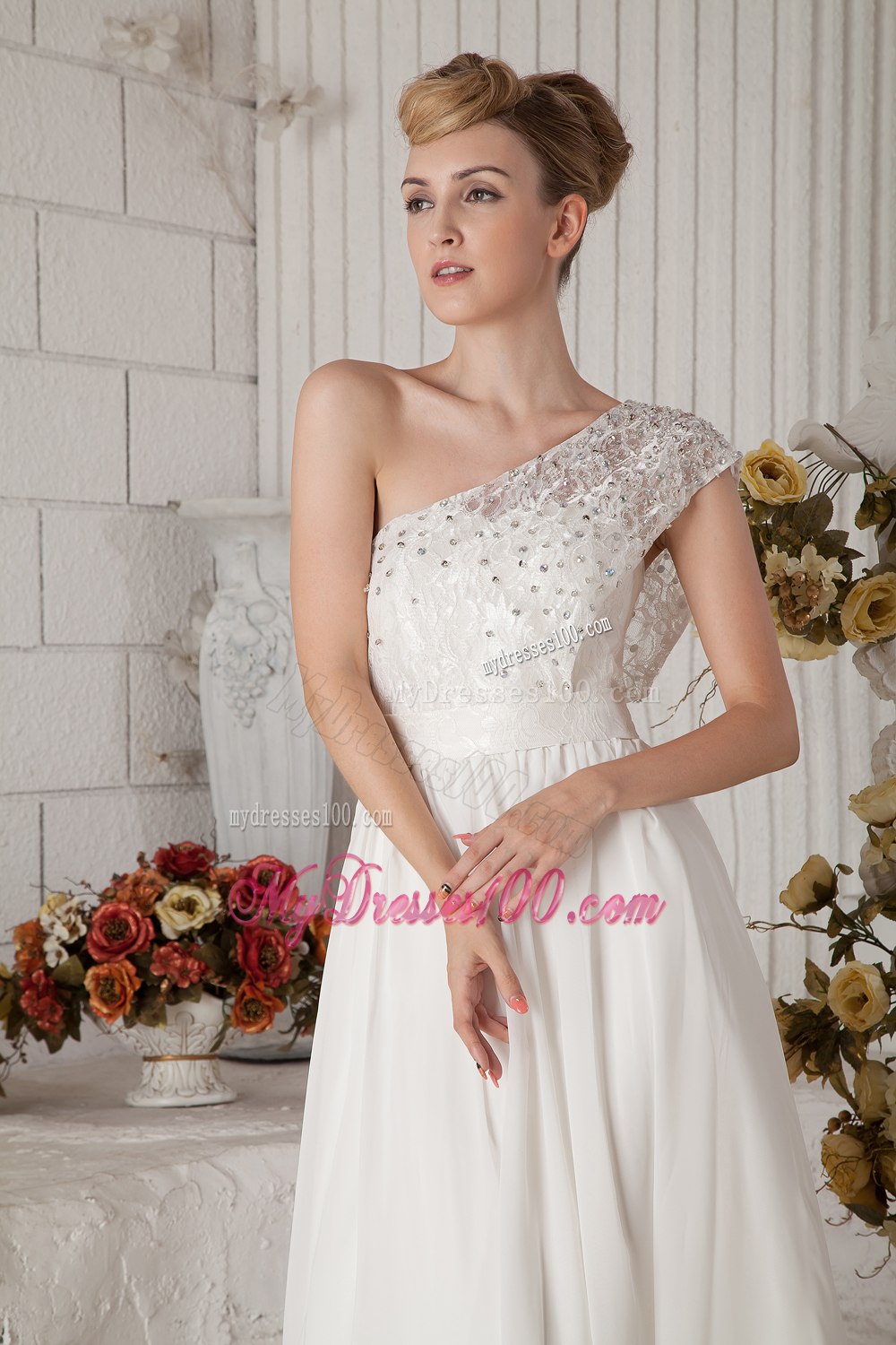 Affordable Empire One Shoulder Floor-length Beading Wedding Dress